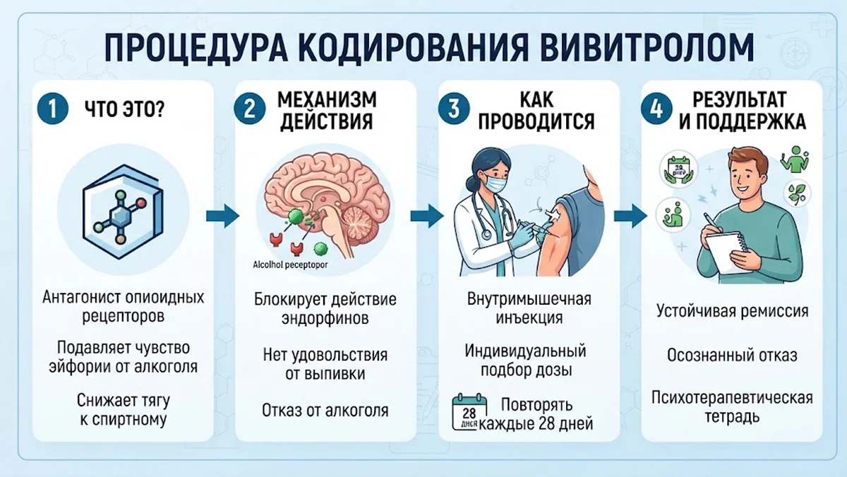 Инфографика о процедуре кодирования Вивитролом: механизм действия препарата, правила внутримышечного введения каждые 28 дней и результаты комплексной терапии.